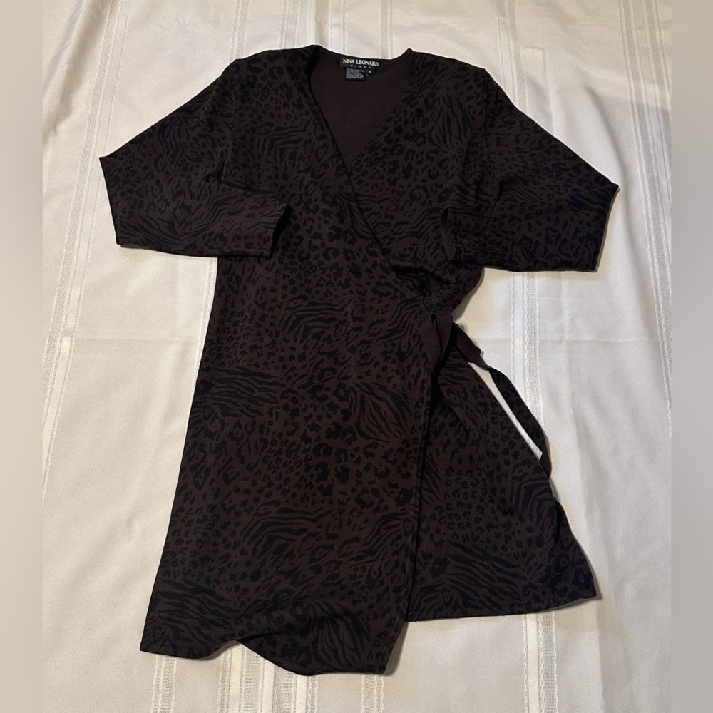 Nina Leonard Chocolate Animal Print Long Sleeve Dress - Picture 4 of 9